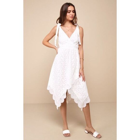 Lulus Darling Life White Embroidered Tie-Strap Handkerchief Asymmetrical Dress - Picture 1 of 13